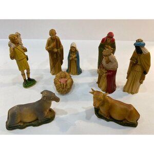 Vintage Nativity 9 Pc ART Plastics Small Figures Holy Family British Hong Kong